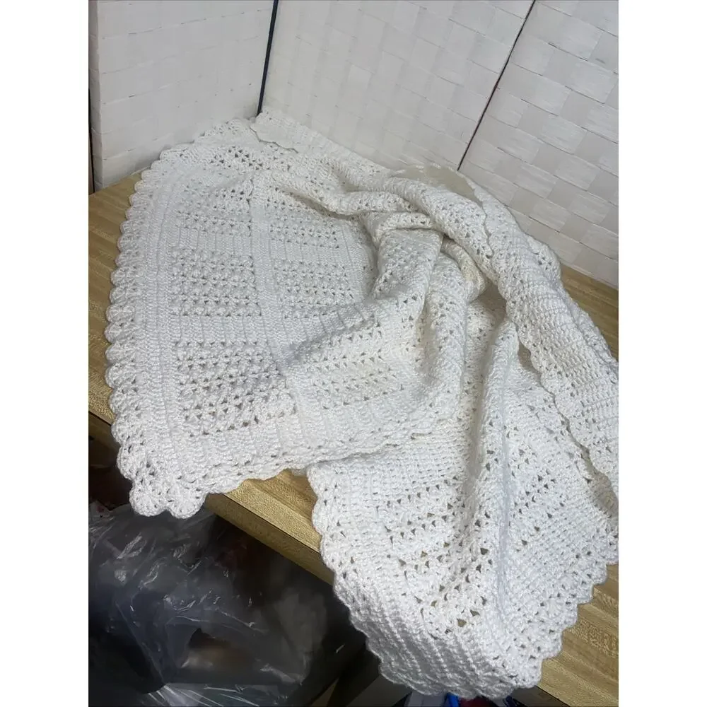 Handmade New Crochet Baby Blanket Boy Or Girl Solid White 57” x 43”